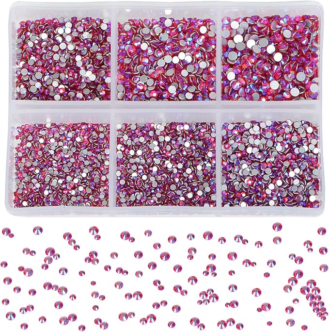 Bymitel 7200 Pieces 6 Mixed Sizes Glue Fix on Glass Rhinestones Round Crystal Gems Flatback for DIY Jewelry Making with one Picking Pen(6-Sizes 7200PCS, Siam AB)