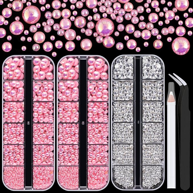 4000PCS Flatback Rhinestones and Half Round Pearls Kit #23, Multi Size Glass Clear Crystals, Plastic Flat Back Light Pink AB Dome Bead with Pickup Pencil and Tweezer for Nail Art