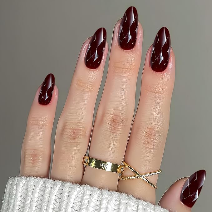 Press on Nails Medium Almond Fake Nails Dark Red Artificial Nail with Diamond Designs Stick on Nail for Women 24pcs