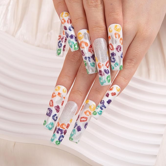 LOVFUL Press on Nails Rainbow Leopard| Handmade with Full Covered Crystals| Reusable Fake Nails| Square Mid length 1.7in| H242-L
