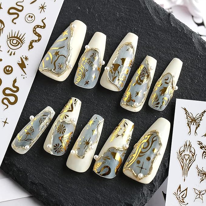 6 Sheet Gold Nail Stickers Black Snake Eyes Leaf Nail Art Stickers 3D Self-Adhesive Bronzing Sun Star Decals Starlight Nail Design Sticker for Acrylic Nail Supplies Women Nail Decorations