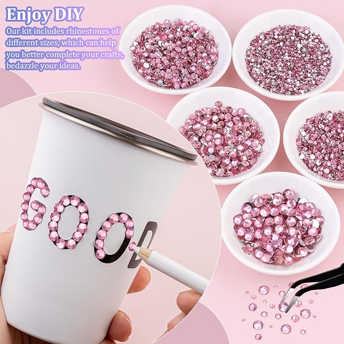 25000Pcs Resin Rhinestones with Tweezers for Crafting, Dark Pink 2-6mm Mixed Sizes Bedazzling Crystal with 3Pcs 10ml B7000 Jewelry Glue for DIY Crafts Clothing Tumblers Shoes Fabric Nail Art