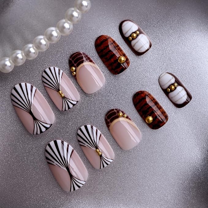 Press on Nails Short Oval MABKJLF Fake Nails False Nails with Tortie Designs Fall Winter Glossy Glue on Nail Brown Acrylic Nails for Women Girls 24Pcs