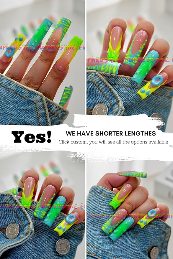 10PCS Neon Green and Blue Press On Nails – Long Coffin Fake Nails with Abstract Swirl Design, 3D Bubble Drops & Retro Y2K Charms, Reusable Trendy Nails for Women and Girls – Euphrosyne