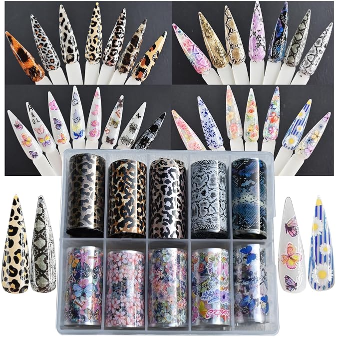 Nail Art Transfer Foils Collection,40 Rolls Nail Art Foils Transfer Stickers Set Floral Flower Patterns,Leopard Animal Print,Snake Skin,Butterfly Patterns Nails Foil Adhesive Decals 40 Designs