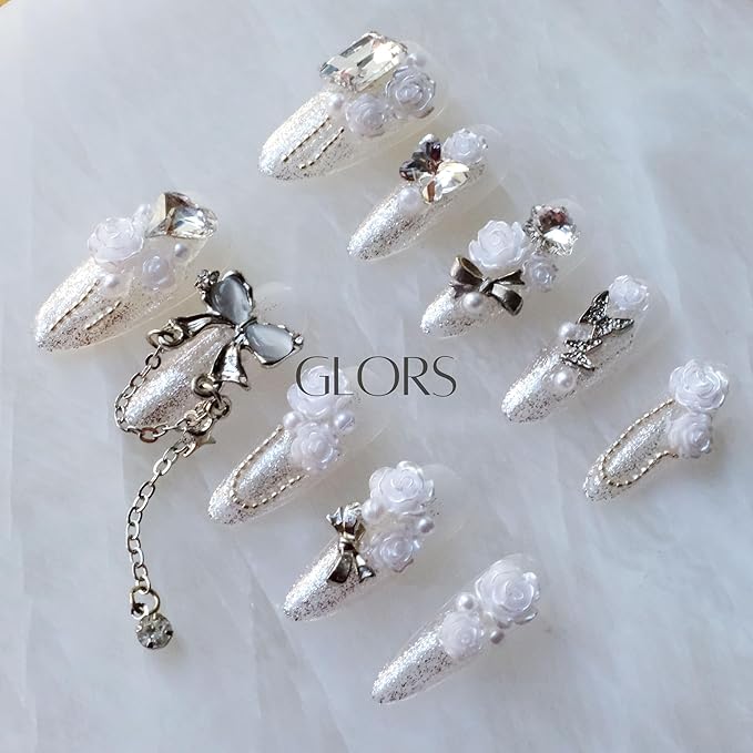 Luxury Long Almond Press-On Nails, 3D White Roses with Silver Glitter, Pearl and Rhinestone Decorations, Handmade False Nail 10 Pieces (Medium, LS)