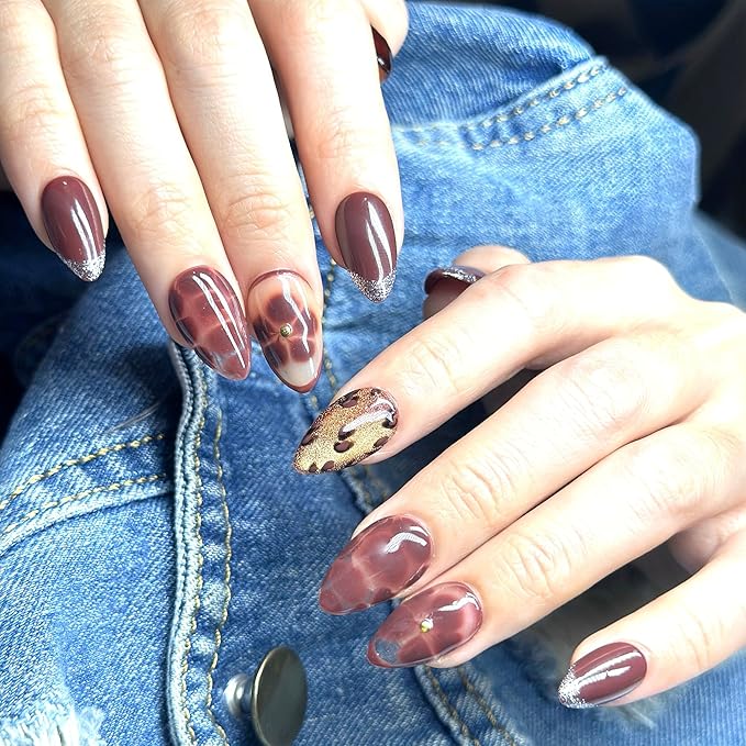 Press On Nails Short Almond Brown Marble & Leopard Nail Art with French Tip | Reusable Soft Gel Nails in 15 Sizes -30 Nail Kit with Glue | Designed in L.A, Handmade in Vietnam| Chocolate Kiss