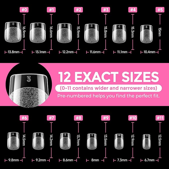 UNA GELLA Extra Short Square Nail Tips XS 216pcs Pre-Shape Extra Short Square Press on Nails Gel Tips Full Cover Acrylic Nails False Nails for DIY Salon 12 Sizes