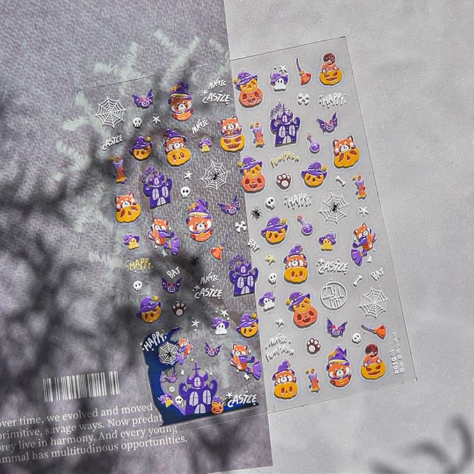 Halloween Nail Stickers 3D Self-Adhesive Magic Hat Pumpkin Nail Supplies Cute Cute Ghost Nail Decals 5D Embossed Haunted House Spider Web Nails Designs for Women Holiday DIY Manicure 1 Sheet