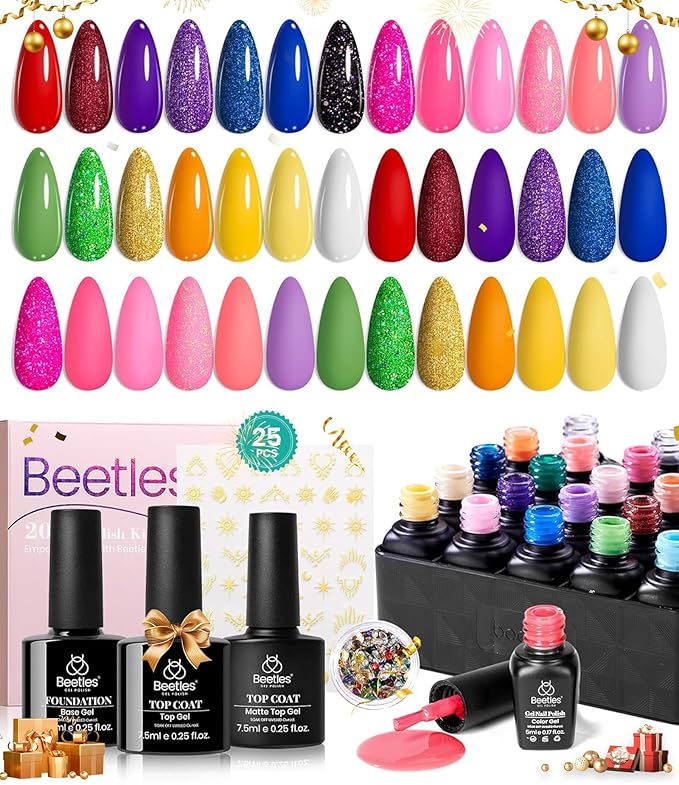 Beetles Gel Nail Polish Set - 20 Colors Pink White Black Yellow Red Glitter UV Led Gel Polish Kit with Nail Stickers Nail Rhinestones 3Pcs Base Top Coat Gift for Women Girls