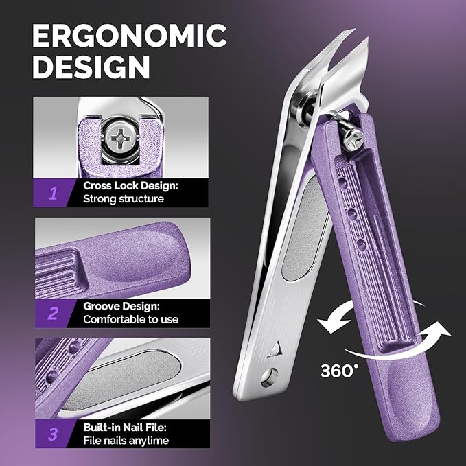 MelodySusie Nail Clippers Set 4 in 1, Ultra Sharp Toenail Clippers with Glass Nail File Cuticle Scissors, Stainless Steel Nail Clippers for Women, Fingernail Clipper Cutter Manicure Set Gifts, Purple