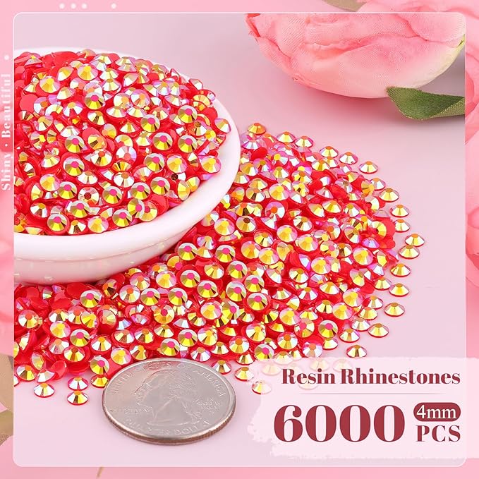6000PCS 4mm Resin Jelly Rhinestones in Bulk (Red AB), Bedazzling Flatback Crystals Rhinestones for Crafting DIY Nail Decoration, Gems Diomand Charms for Tumbler Shoes Clothing Fabric