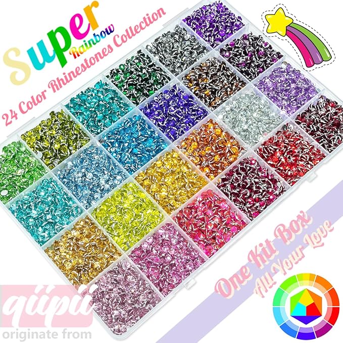 12600Pcs 24 Color 4mm Crystal Resin Rhinestones w B7000 Jewelry Glue for Bedazzling Crafting Flatback SS16 Colorful Rainbow Stones Gems Diamonds Crystals for Nails Face Makeup Tumblers Crafts