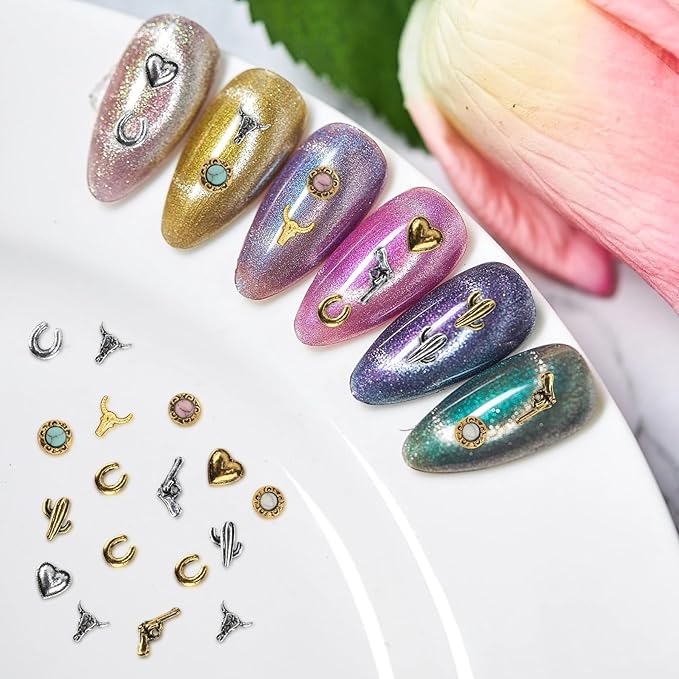 30 PCS Western Nail Charms - Retro Metal Cowboy Cowgirl Turquoise Nail Charms Western Stickers Decals Gems Decor, Vintage Turquoise Jewelry for DIY Crafts Art Accessories