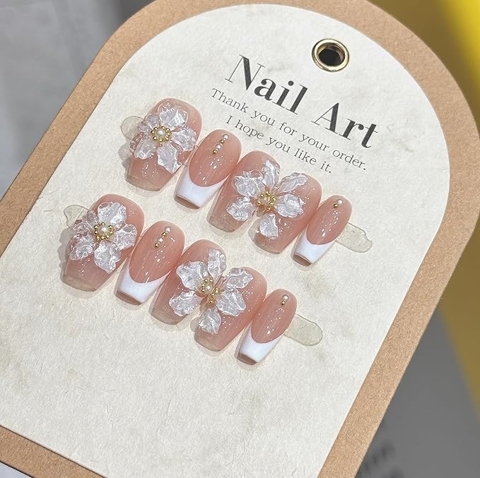 Handmade Press on Nails Medium Coffin White French Acrylic Nails 3D Flower Embossed False Nails Reusable 3D Flower and Pearl for Girls Manicure Art Decoration Accessories (Size S)