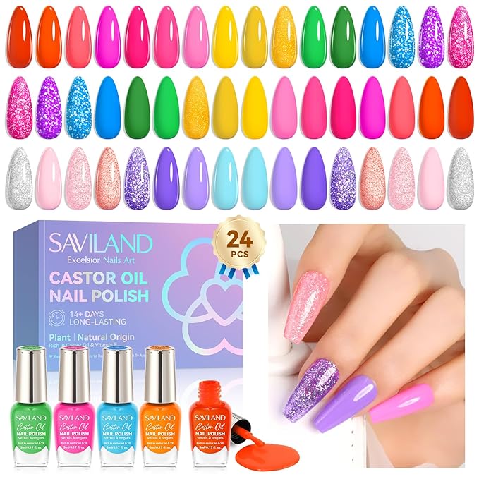 SAVILND Nail Polish Set: Bright Pink Yellow Red Quick Dry Nail Polish Kit with Glitter 24 Colors Regular Finger Nail Polish Non Gel Long Lasting DIY At Home Manicure Gift Set
