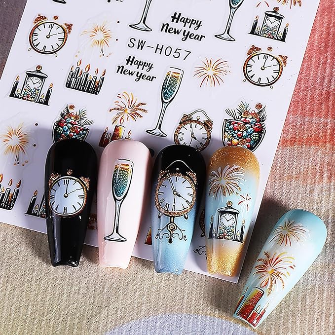 6Pcs Christmas Nail Art Stickers Decals 2026 New Year Fireworks Clock Nail Design Stickers Winter Xmas Nail Art Supplies 3D Self Adhesive Glitter Nail Decals Holiday Manicure Accessories for Women