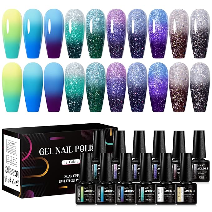 MEET ACROSS 12 PCS Color Changing Gel Nail Polish Kit Glitter Temperature Mood Changing Blue Purple Gray Color Changed Gel Soak Off Nail Art Design Kit Manicure at Home