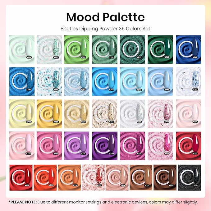 Beetles Dip Powder Nail Kit, 36 Colors Nude Pink Pastel Red Green Blue Glitter Dipping Powder Starter Kit Quick Drying Nail Set for French Nails Art Manicure DIY Salon Gift for Women Mood Palette