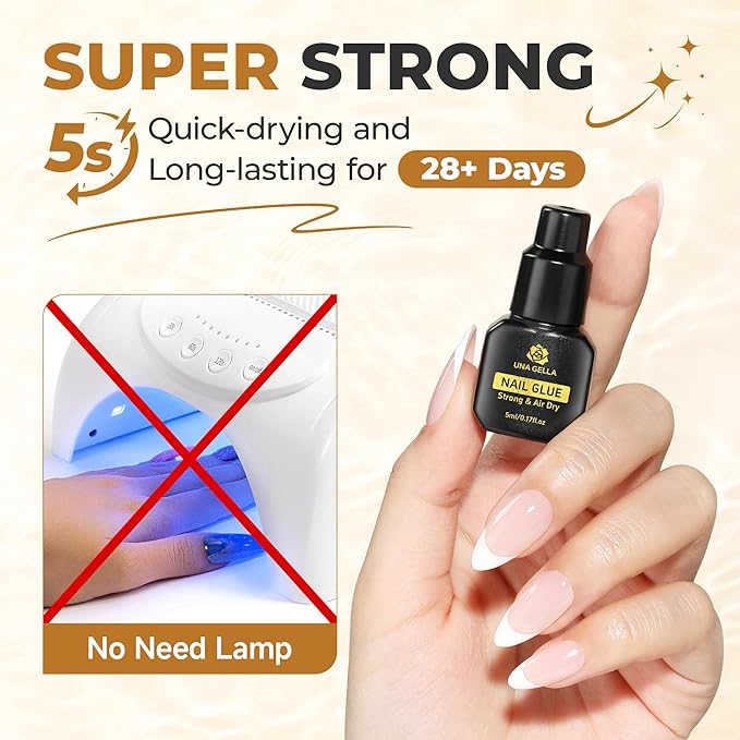 UNA GELLA Quick Drying Super Nail Glue for Press On Nails, Acrylic Nails & Nail Tips No Lamp Need Press On Nails Glue Drip Use with Opener（5ML） Long Lasting for DIY Nail Art