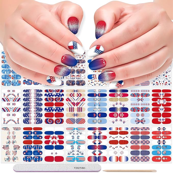 DANNEASY 24 Sheets Independence Day Nail Polish Stickers 4th of July Nail Wraps for Women Self Adhesive Nail Polish Strips Fingernail Stickers Stick on Nails with Nail File, Cuticle Stick