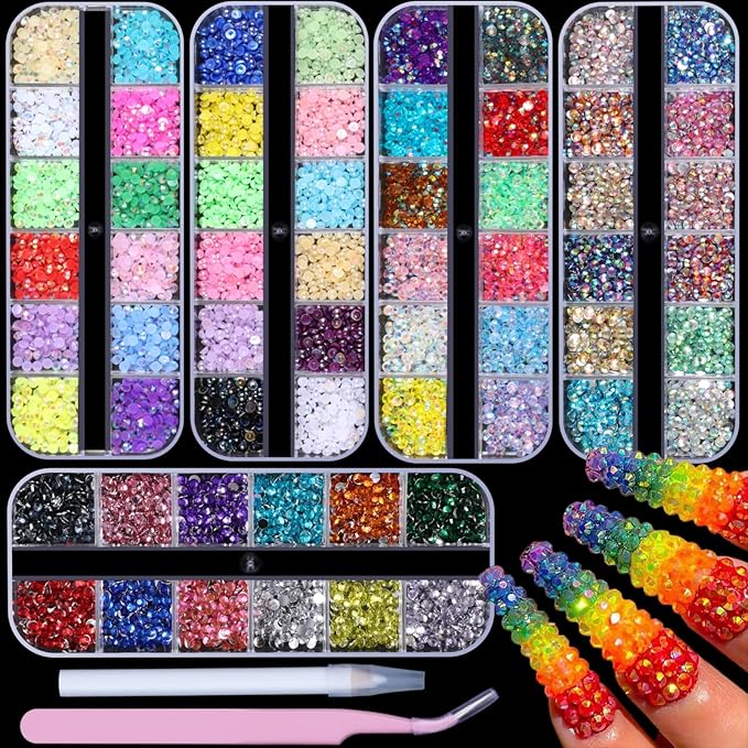 5 Boxes 7200pcs Sparkling Crystal Nail Rhinestones Pearls Kit, Flatback Multicolor Transparent Jelly AB Mermaid Gems with Pick Up Pen and Curved Tweezers for Manicure Salon & Craft DIY Designs (3mm)