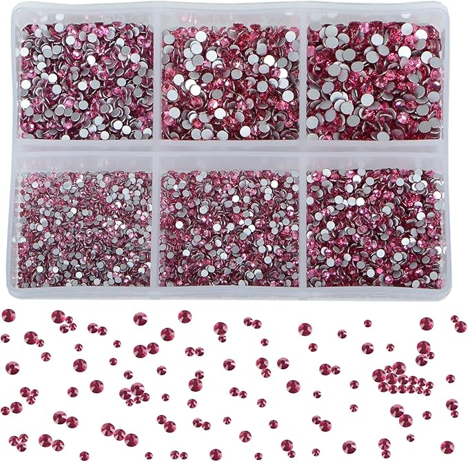 Bymitel 7200 Pieces 6 Mixed Sizes Glue Fix on Glass Rhinestones Round Crystal Gems Flatback for DIY Jewelry Making with one Picking Pen(6-Sizes 7200PCS, Rose)