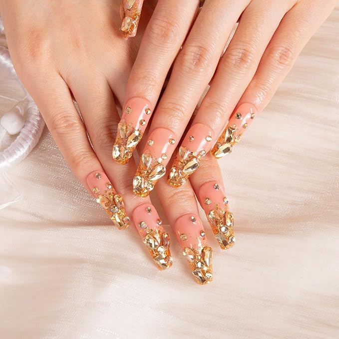 LOVFUL Press on Nails Stardust Gold Rhinestone | Handmade with Full Covered Crystals | Reusable Full Cover Nails | Coffin Classic Regular 1.3 in | H84-M