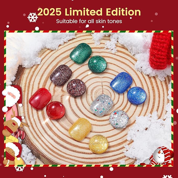 6PCS Christmas Gel Nail Polish Set- Hema TPO Free Sparkle Green Blue Soak off U V Gel Polish Set with Swatch Board - Glitter Gold Silver Gel Polish Colors Nail Art Manicure Salon DIY at Home for Women