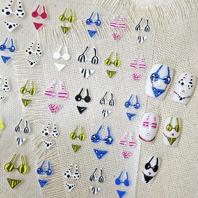 3 Sheets Swimsuit Series Nail Stickers Embossed Nail Art Stickers Summer Nail Decals with Swimming Ring Ice Cream Designs Cute Nail Art Sticker DIY Self-Adhesive Supplies for Women Girls