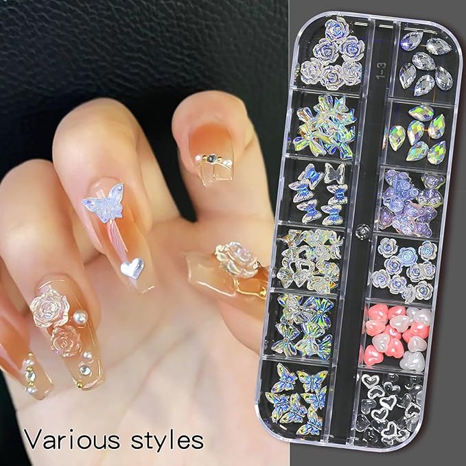 HNUIX Nail Charms - Nail Gems with 6 Boxes of Rhinestones for Nails Art Tools, 3D Charms for Nails, Colorful Clear Flatback Rhinestones, Multi Shape Pearls Jewels Crystals for Craft