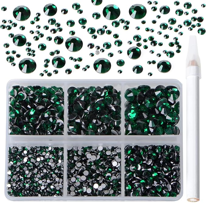 Bymitel 5000 Pieces 6 Mixed Sizes Glue Fix on Glass Rhinestones Round Crystal Gems Flatback for DIY Jewelry Making with one Picking Pen(6-Sizes 5000PCS, Emerald)