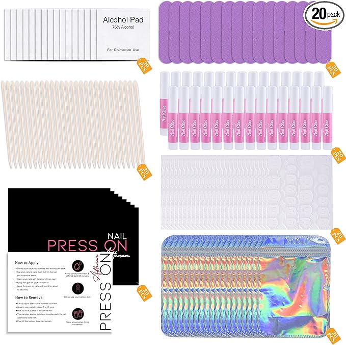 Press On Nail Tool Kit for Nail Business, Nail Prep Application Disposable Kit with Nail File, Nail Glue, Prep Pads, Instruction Card, Adhesive Nail Tabs, Wood Stick, Holographic Bag (20pcs in purple)