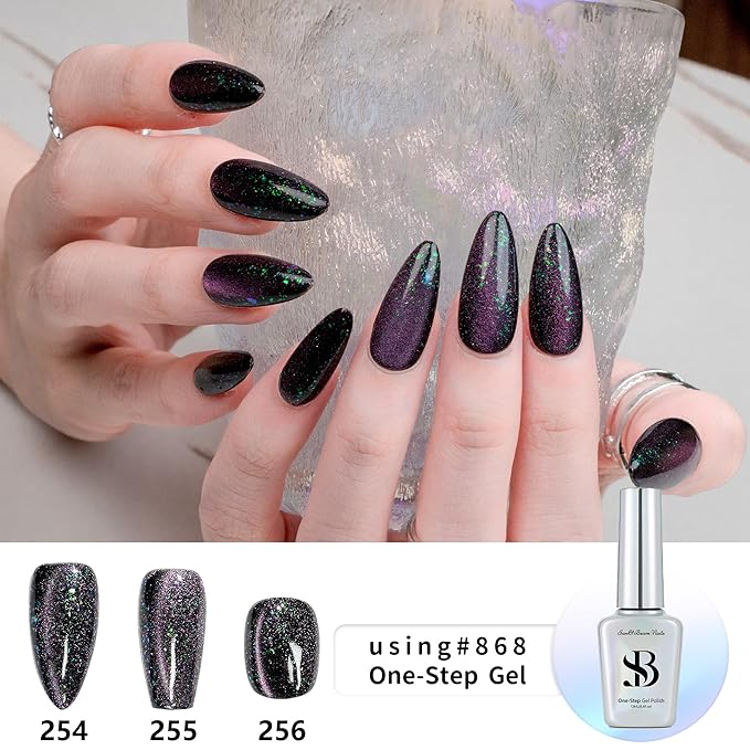 Sun&Beam Nails Handmade Press-on Medium Long Coffin Ballerina Black Purple Green Magnet Solid Color Minimalist Design Fashion False Nail Tips 10 Pcs Set (#255 M)