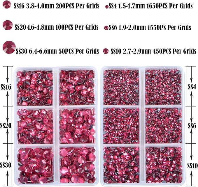 NCB Hotfix Iron on 8000pcs Crystal Rhinestones Round Gem for Crafts Decoration DIY Jewelry Making with a Tweezers and 2 Picking pens (Rose, 6Sizes SS4-SS30)