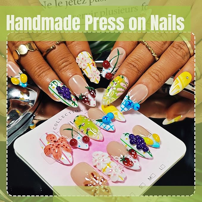 Handmade Acrylic Press On Nails Almond, French Tip Press On Nails Medium, Flower 3D Nails Cherry Strawberry Fruit Plaid For Women Gift, Reusable Stick On Fake Nails Kit With Nail Glue(Fruit Picnic-L)