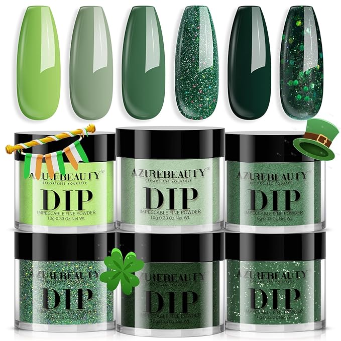 AZUREBEAUTY Dip Powder Nail Kit,St. Patrick's 6 Colors Glitter Green Forest,Dipping Powder Color French Nail Art Manicure DIY Salon Gifts for Women, No Need Nail Lamp Cured