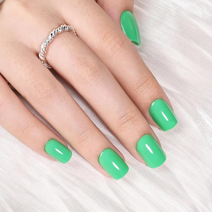 Green Press On Nails Square - Green Short Square Fake Nails, Press On Nails Reusable Stick On Nails in 15 Sizes 30pcs False Nail Kit for Women & Girls (FreshGreen)