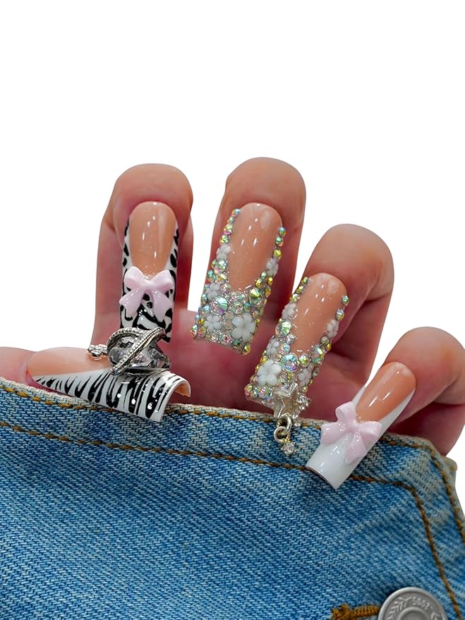 Euphrosyne 10pcs Coffin Nude Brown Press On Nails – Fake Nails with Rhinestones, Zebra Print & 3D Bows | Glam Stick-On Acrylic Nails with Big Charms for Bold Y2K or Party Look
