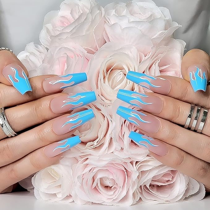 Hypnaughty 24 Pcs Blue Wildfire Fire Flames Extra Long Coffin Press On Nails with Design and Glue XL Nude Pink Nails with French Fire Flames (Blue Wildfire Extra Long)