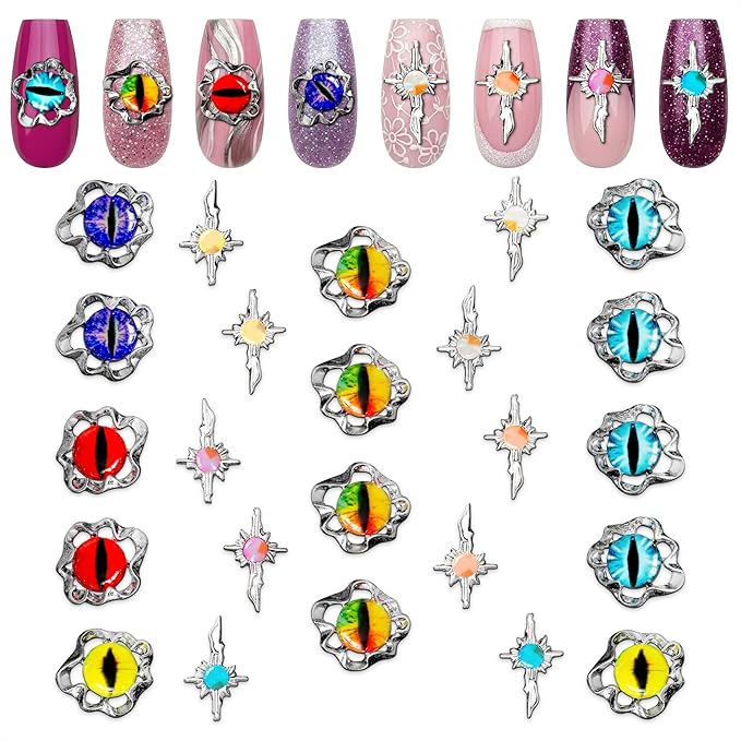 24 Pcs Dragon Eye Charms for Nails – 3D Silver Cross Nail Charms and Gems with Bright Crystals, Easy-to-Apply Art Kit – Stunning Nail Decor for Unique & Creative Manicures