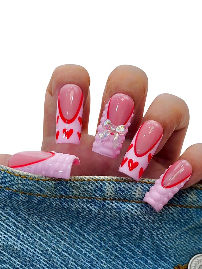 Euphrosyne Valentine Press On Nails – 10pcs Long Coffin Fake Nails in Pink with Red Heart Prints, Glitter Bows & Crystal Charms |