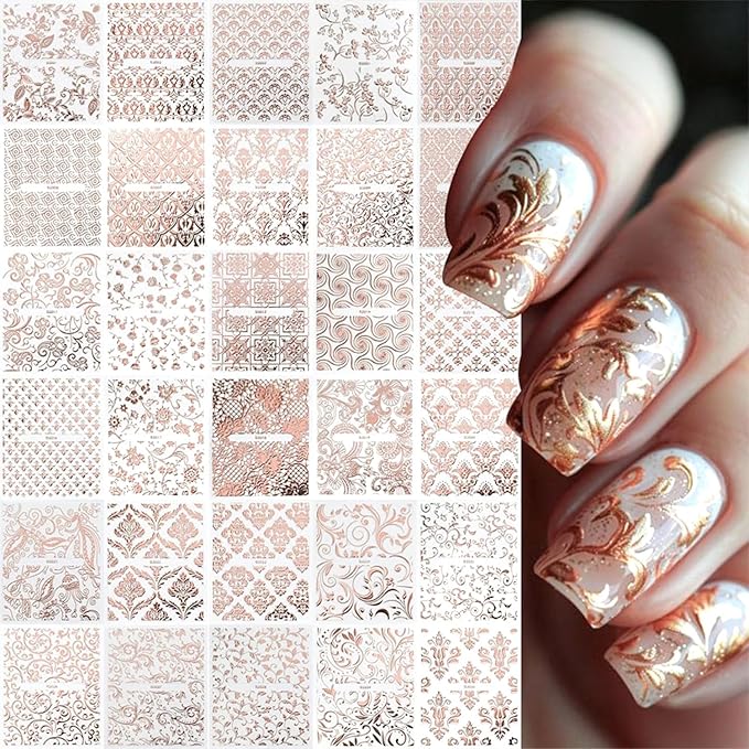 30 Sheets Lace Nail Art Stickers Decals 3D Self-Adhesive Rose Gold Nail Decals Retro Flower Designs Nail Supplies Summer Nail Decoration DIY Nails Accessories for Women