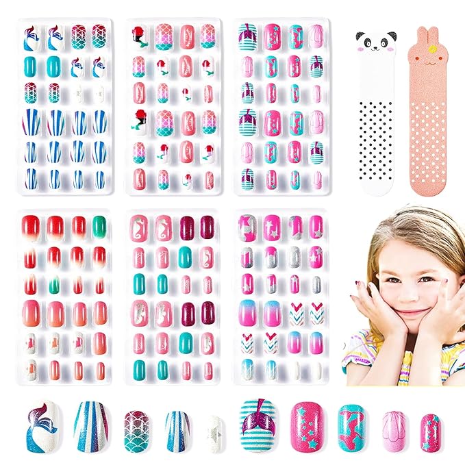 Modelones Press on Nails for Kids 144Pcs 6 Pack Children Acrylic Fake Nails Pre-glue Full Cover Glitter Color Mermaid Beach Short False Nail Art Kits Sets Thanksgiving Christmas Gifts for Girls