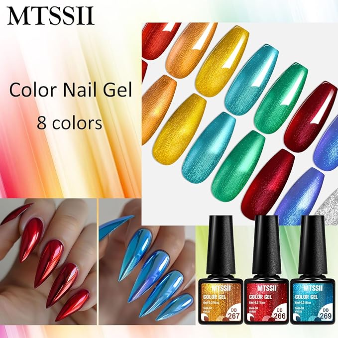 MTSSII Chrome Gel Nail Polish Set, 8 Metallic Colors: Silver, Gold, Red, Yellow, Green, Blue - UV/LED Glossy Mirror Effect Nail Gel for Home Salon DIY Manicure