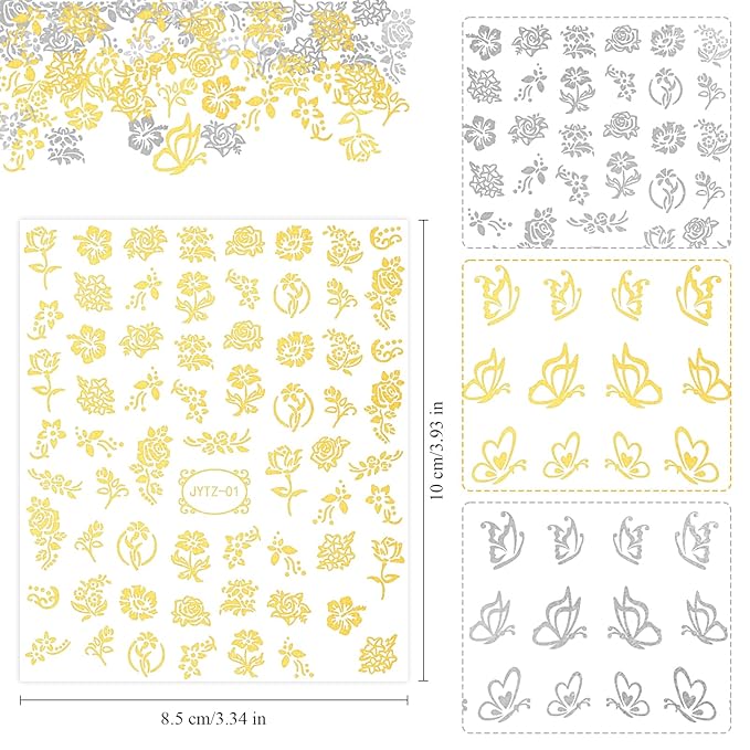 5 Boxes Gold Silver 3D Metal Punk Studs Star Moon Heart Triangle Ring Square Rivet Gems Nail Art Jewels and 4 Sheets Nail Stickers with a Curved Tweezers and a Nail Brush (Gold & Silver)