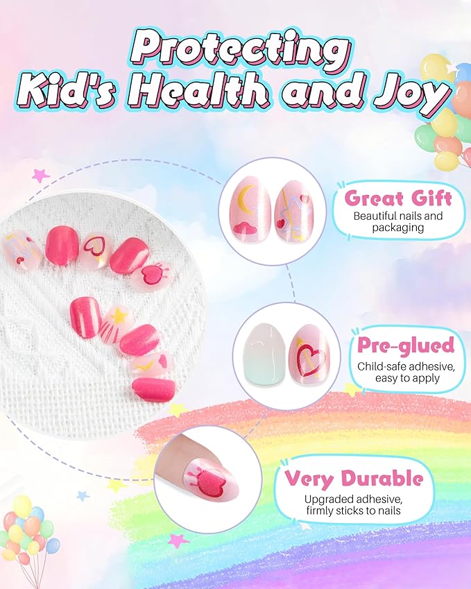 Cute Press on Nails for Kids,Girls Trendy Stuff Fake Nail Kit for Ages 6-12, Pre-glue Glitter Short Acrylic Nail Stick on Nails, Great for Girl Birthday Gifts, Parties&Makeovers Decoration