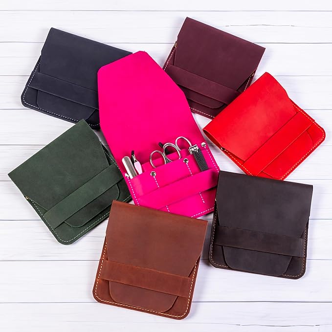 Leather Manicure Set Case Grooming Kit Organizer (Red)