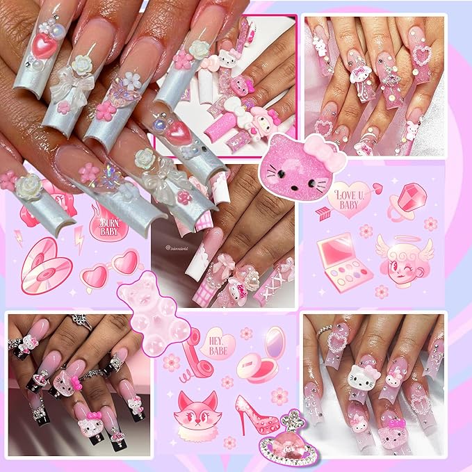 Namifin 3D Pink Nail Charms Bulk Gummy Bear Butterfly Bow Assorted Nail Charms Set Planet Cherry Gems Cute Heart Star Pearls Nail Charms for Nail Art DIY Supplies Accessories