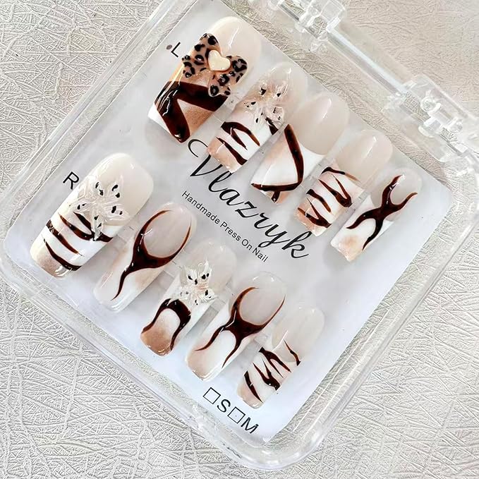 Handmade Press on Nails with Charms - Long Square French False Nails, Stars, Leopard, 3D Flower Embossed Designs for Women & Girls, Nail Kit